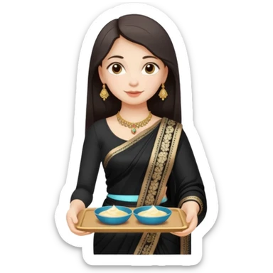 Russian girl in Indian black saree with full image from head to leg and holding one small cream colour plastic tray in her both hands sticker