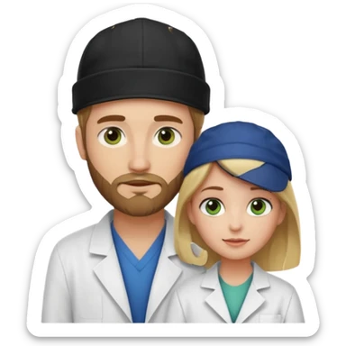 a blonde bearded guy wearing black cap, tall, fair skinned, brown eyes,  looking into the girls eyes who is short than him having green eyes and brown hair, who is in love with the guy, girl is wearing a lab coat, guy is wearing a brown jacket and blue jeans sticker