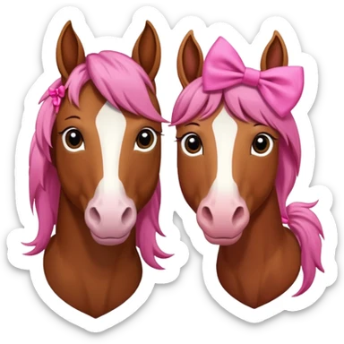 i want you to make a brown horse and a chestnut horse looking like best friends and having a pink bow on their maine next to ther ear sticker