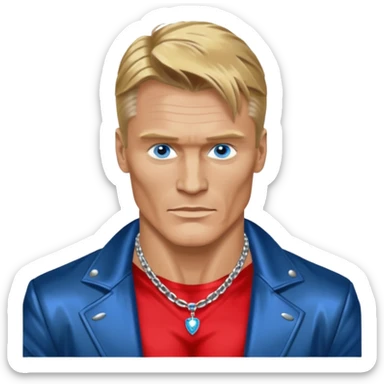 Dolph Lundgern with shirtless with necklace, blue eyes, dark blonde hair, metallic black jacket sticker