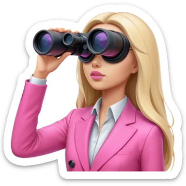 futuristic-looking woman with long hair in an intensive color pink suit looking through binocular, viewed from an angled perspective sticker