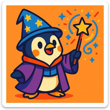 a cute penguin wizard casting a spell, wearing a robe and holding a wand, in a colorful cartoon style, vibrant toon style sticker