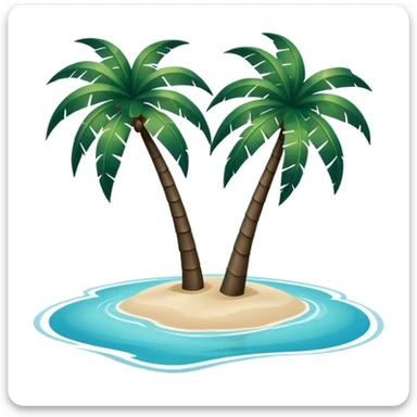 a pair of very dark green palm trees on light beige sand, surrounded by azure water, minimalism, no text sticker