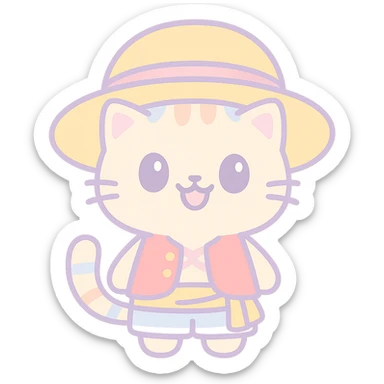 cute cat cosplaying Luffy, big straw hat, red vest, yellow sash, anime style, no background sticker