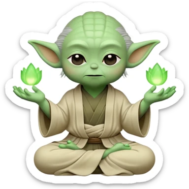 Create a custom emoji featuring Master Yoda from Star Wars. He should be in a meditative pose, levitating slightly off the ground, with his eyes closed and hands gently raised. Surround him with a soft green glow, symbolizing the Force. The background should be minimal or transparent to keep focus on Yoda. Keep the design simple, expressive, and suitable for emoji scale. Use a chibi or cartoonish art style to emphasize cuteness and recognizability at small sizes sticker