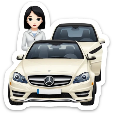 Woman with black hair stands near white Mercedes C-class sticker