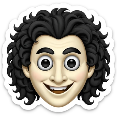 generate theatre wooden mask emoji with a big curly black hair 

wide black coloured smile, long and pointy white nose with no nostrils, pitch black eyes sticker
