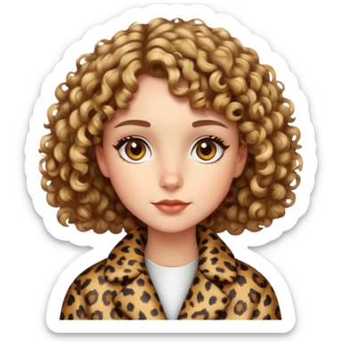 Caucasian girl with short curly hair and hazel eyes in leopard print coat  sticker