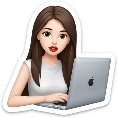 beautiful girl, with long straight brunette hair, with big lips, with laptop sticker