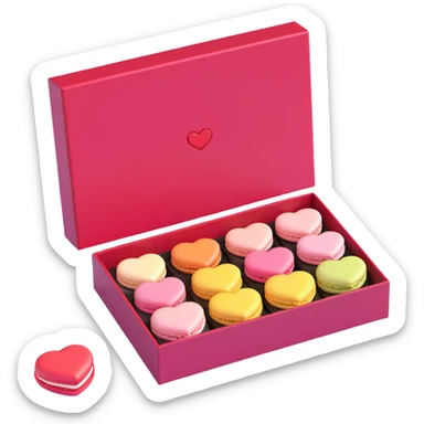 box of heart-shaped macarons, soft lighting, playful and charming, high gloss, modern design, iOS 3D emoji style sticker