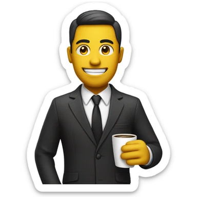 A sleek, formal emoji with a yellow face, wearing a tailored suit, holding a briefcase in one hand and a coffee mug in the other, with a subtle raised eyebrow and a confident smile. sticker