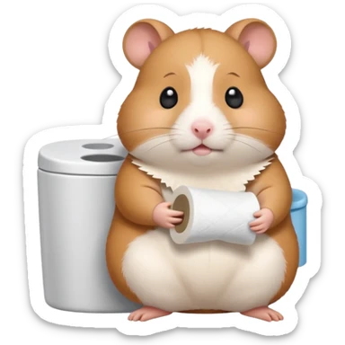Cute chubby cartoon-style hamster sitting on toilet holding toilet paper looking as if he had an accident, sticker-style illustration sticker