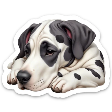 Meme-Worthy Cute Sleeping Harlequin Great Dane Portrait Emoji, Head resting peacefully with a contented smile, showcasing a delightfully majestic build and a luxuriously soft coat of predominantly white with bold black patches, eyes shut in a serene nap, Simplified yet hilariously adorable features, highly detailed, glowing with a soft, drowsy light, high shine, relaxed and utterly lovable, stylized with an air of playful laziness, bright and heartwarming, soft glowing outline, capturing the essence of a comically sleepy guardian, so meme-worthy it feels like it could instantly become the next viral sensation of adorable slumber! sticker