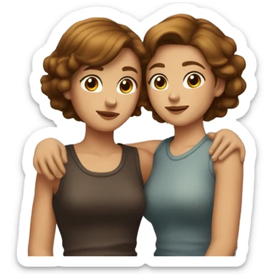 Tow girls with short brown hair one of them is tanned the other is white hugging  sticker