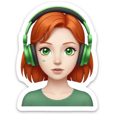 Red head with green eyes listening to music on wireless headphones  sticker