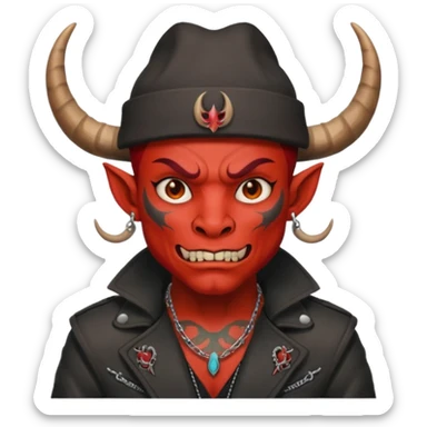 red demon with tattoos, hat, jacket and horns sticker