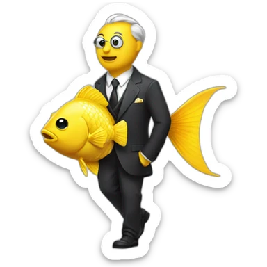 a yellow fish with a monocle wearing a smart suit walking  sticker