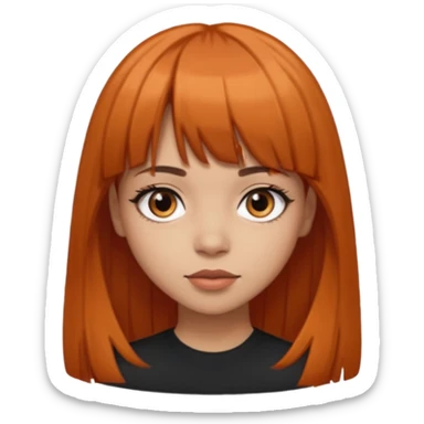 Light skin girl, black to brown orange-ish hair, big brown eyes and medium straight hair with bangs above the eyebrow  sticker