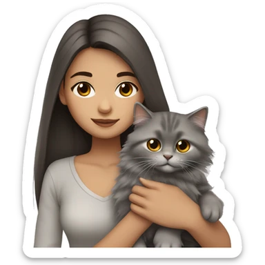Dark brown straight hair girl with holding fluffy Siberian gray cat  sticker