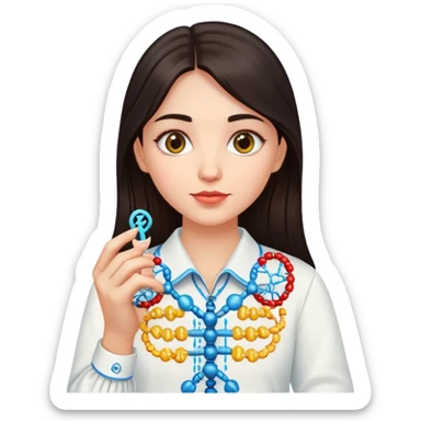 Ukrainian girl with dark hair in an embroidered traditional shirt holds a DNA molecule in her hand sticker