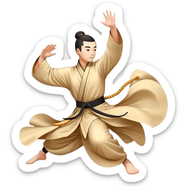 Emblem symbolizing Wushu martial arts. A graceful martial artist performs a dynamic kung fu pose, with flowing movements and a long, elegant robe. The background features stylized clouds and traditional Chinese symbols, representing fluidity, balance, and precision. Transparent background. sticker
