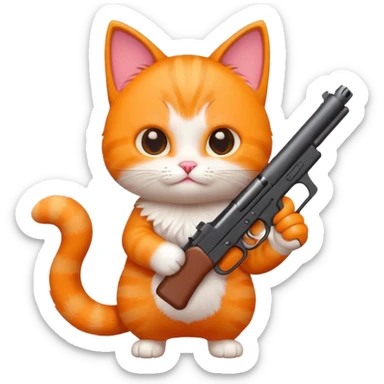cute small cat holding a gun, emoji style, simple and bright, cute expression sticker