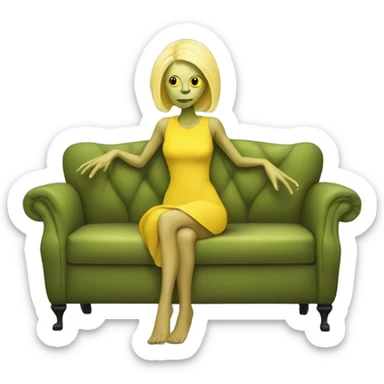 blonde alien reptilian woman in jellow dress, sitting on a couch  sticker