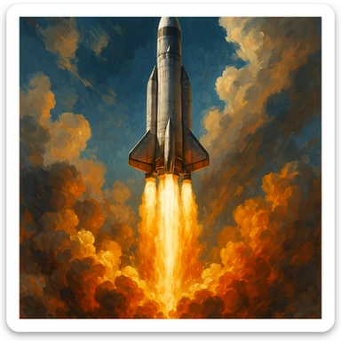 A rocket ship blasting off, dynamic and powerful, in general style, detailed and vibrant. sticker