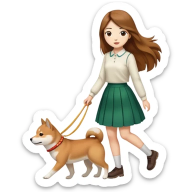 A girl with long brown hair and a skirt walking a Shiba Inu sticker