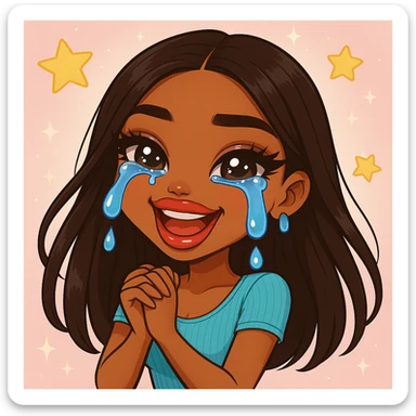 Make the character look like a 20-year-old woman in anime Bratz style with dark skin, dark hair, crying laughing expression, big expressive eyes, and glossy lips. sticker