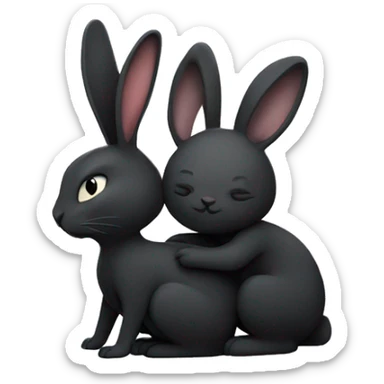 Black rabbit hugging white rabbit with moon behind them sticker