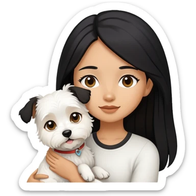 A girl with long black hair is holding a white terrier dog sticker
