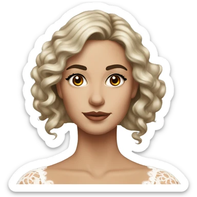 hyper realism Adult woman with brown eyes, light tanned skin, long wavy dark brown hair, wearing a white lace dress, thin eyebrows sticker