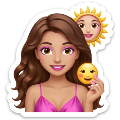 girl with long wavy brown hair, brown eyes, long lashes makeup, sexy pink lips, smiling, light to medium complexion, wearing a pink sexy silk top, holding the sun icon  sticker