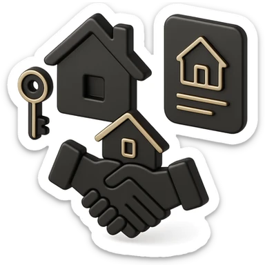 an icon representing mortgage services, including a house with a key, a document with a house symbol, and a handshake over a house, 3D black style sticker