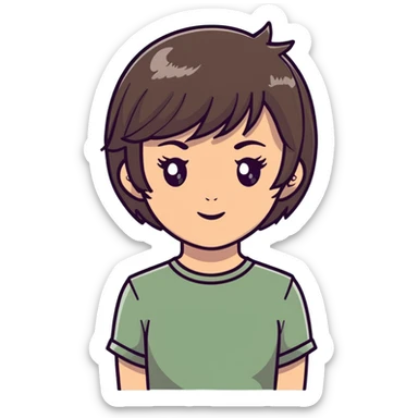 White girl with short wolfcut hairstyle, brown eyes, straight hair, wearing a sage green top sticker
