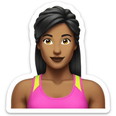 Tanned woman with black hair wearing 1980s style neon fitness outfit and hair sticker
