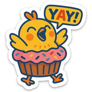 chick in cupcake costume shouting “Yay!”, vibrant-toon style sticker