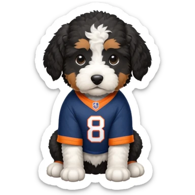 black and white bernedoodle puppy wearing broncos jersey sticker