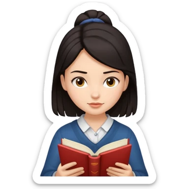 create an emoji where a girl with dark hair tied at the top  is reading  sticker