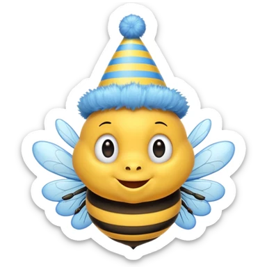 
Bees with blue Birthday Hat, Happy bee with striped party hat sticker