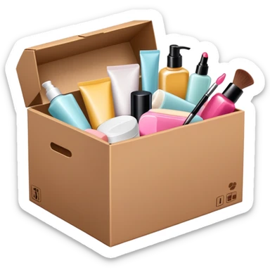 a cardboard box with assorted beauty products like compact, lotion, and nail polish spilling out sticker