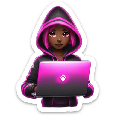 Girl developer behind his laptop with this style : Riot Games Valorant black pink glowing bright pink sparks character pink black hooded assassin themed character sticker