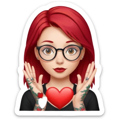 Beautiful girl, with glasses, red hair, tall, slim, with tattoos and small piercing, showing heart with hands sticker