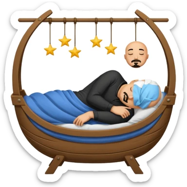 a bald, tan man who has a black goatee sleeping in a cradle sticker