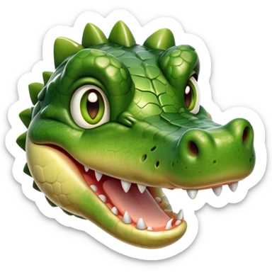 Cinematic Realistic Cute Crocodile Portrait Emoji, Head tilted playfully and inquisitively, featuring a robust, well-defined build with intricately detailed, glossy olive-green scales and a surprisingly endearing face with round, sparkling eyes full of unexpected charm, rendered with lifelike texture and natural highlights, high shine, affectionate and spirited, styled with a touch of wild whimsy, soft glowing outline, capturing the essence of a mischievous yet lovable crocodile that seems poised to snap playfully out of the screen into your arms! sticker