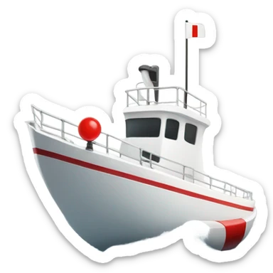 A white boat, with a big red beacon and a man on the rail. On a river sticker
