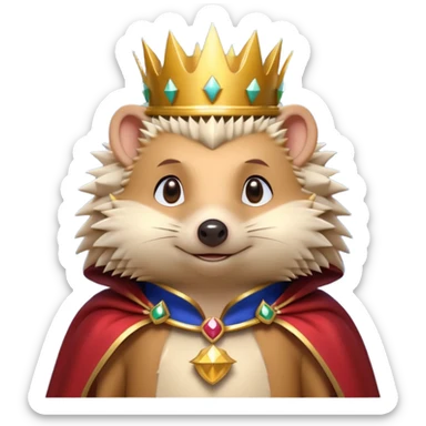 king hedgehog portrait, head and shoulders only, wearing a small golden crown, royal cape collar, proud confident expression, cute spiky fur details, fantasy royal vibe, 3D cartoon, mobile game icon style, clean background, no text, no watermark
 sticker