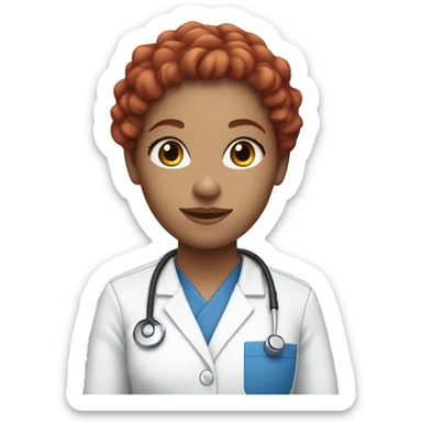White woman with red long curly hair and blue eyes wearing scrubs sticker