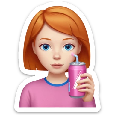 ginger woman short hair, pink shirt, sipping energy drink blue eyes cosy  sticker